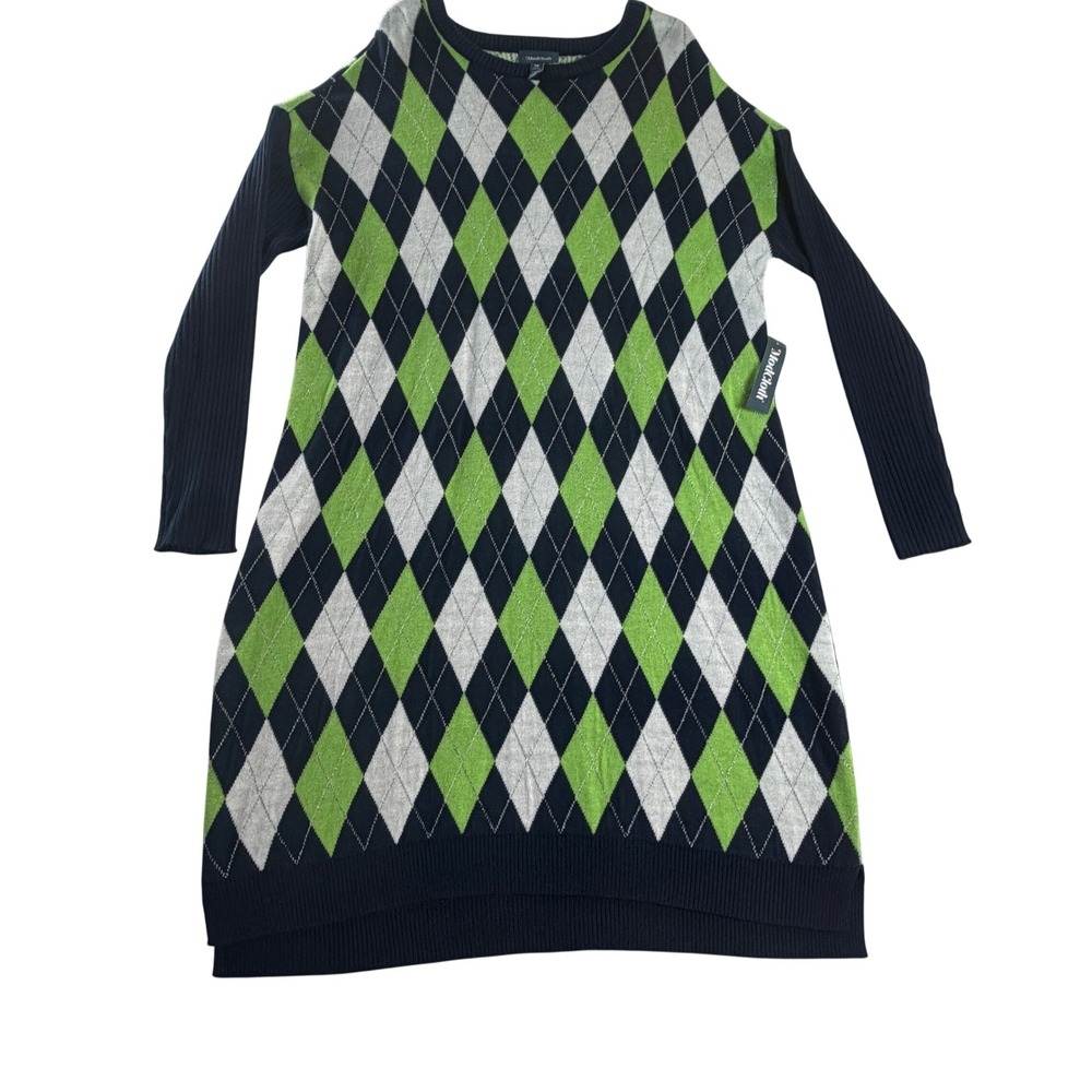ModCloth Argyle Sweater Dress 1X NWT Navy Lime Green Metallic Knit